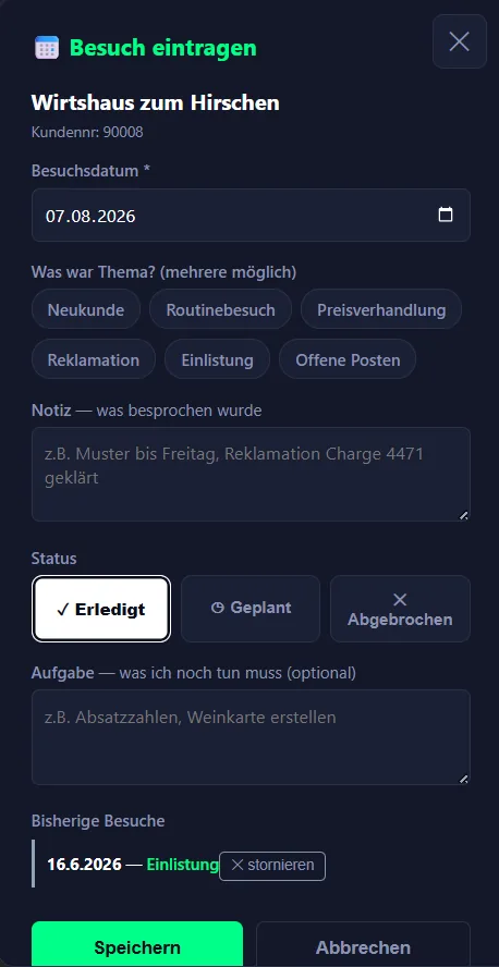 Formular zum Eintragen eines Besuchs mit Thema, Notiz und Status